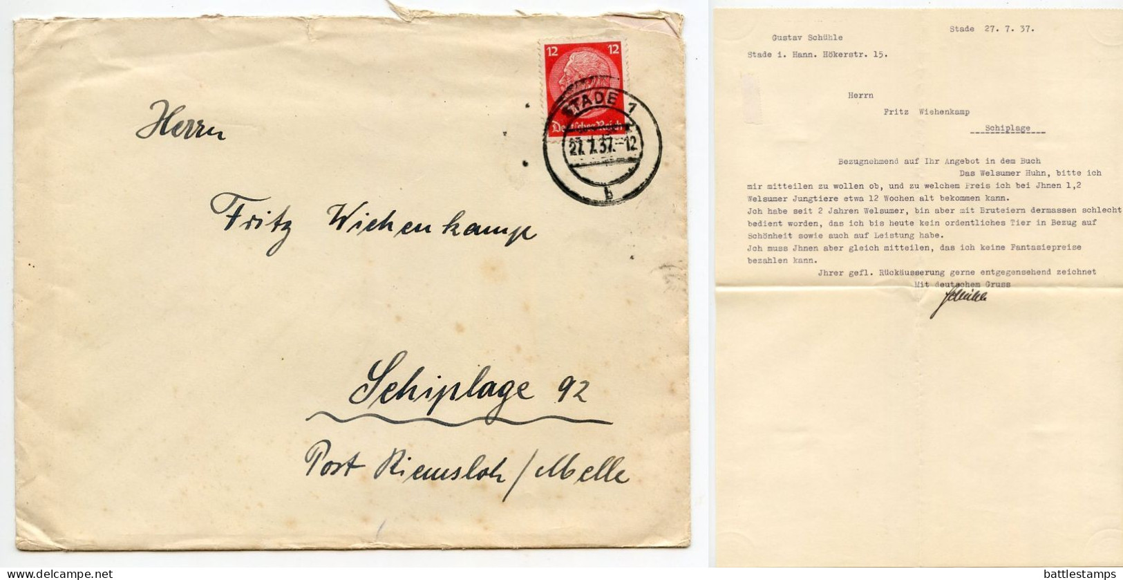 Germany 1937 Cover & Letter; Stade - Gustav Schühle To Schiplage; 12pf. Hindenburg - Brieven En Documenten