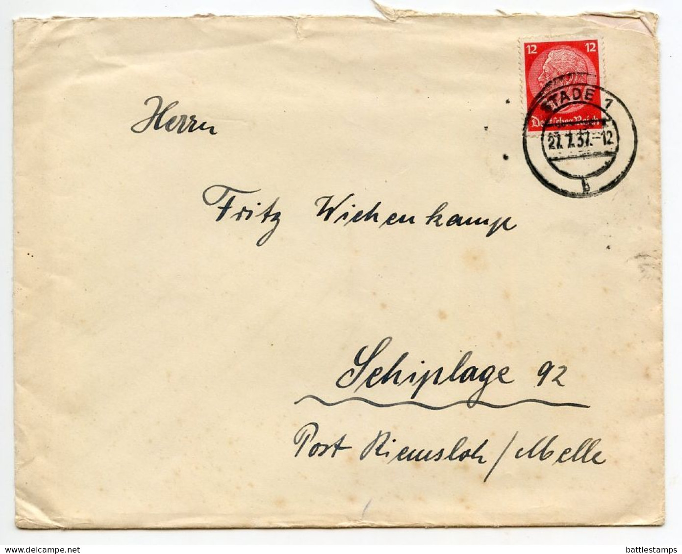 Germany 1937 Cover & Letter; Stade - Gustav Schühle To Schiplage; 12pf. Hindenburg - Lettres & Documents