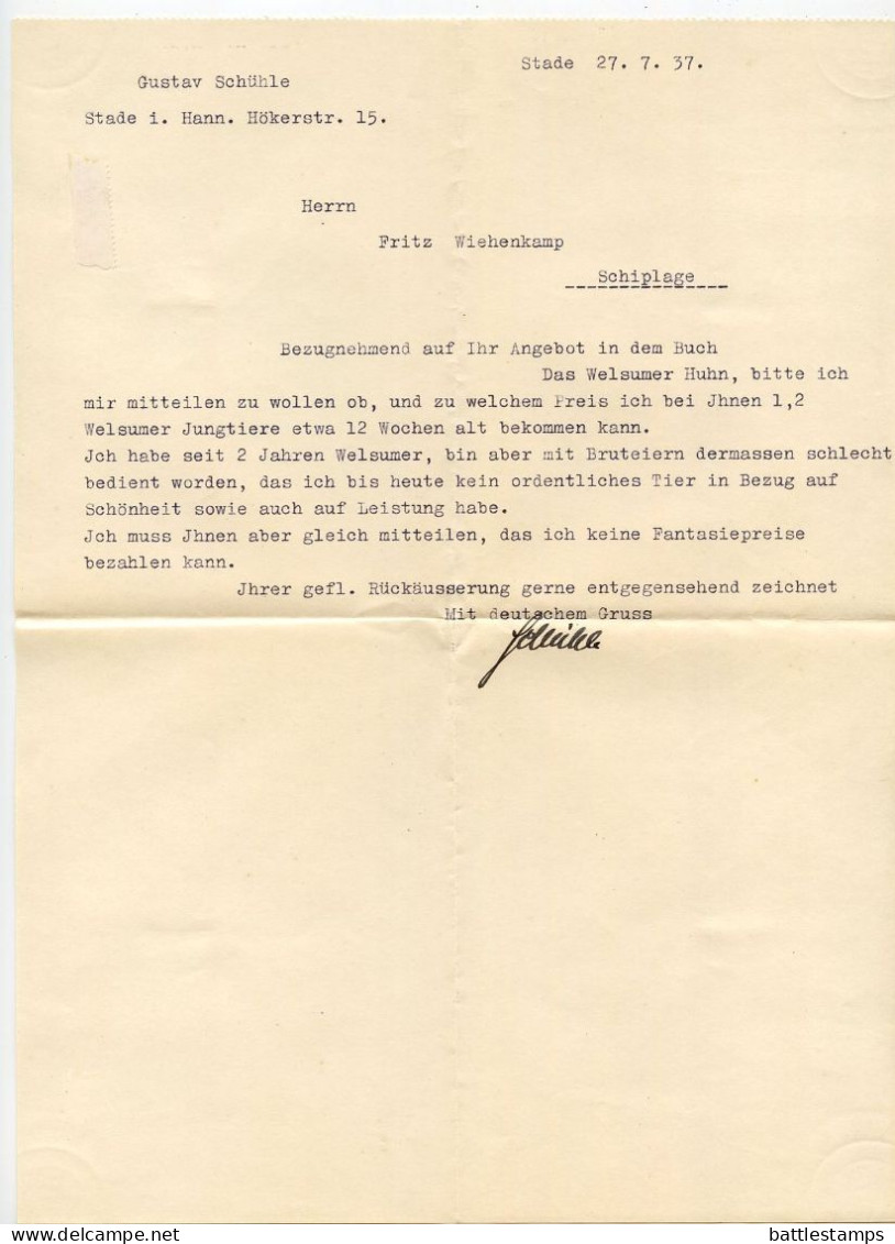 Germany 1937 Cover & Letter; Stade - Gustav Schühle To Schiplage; 12pf. Hindenburg - Brieven En Documenten