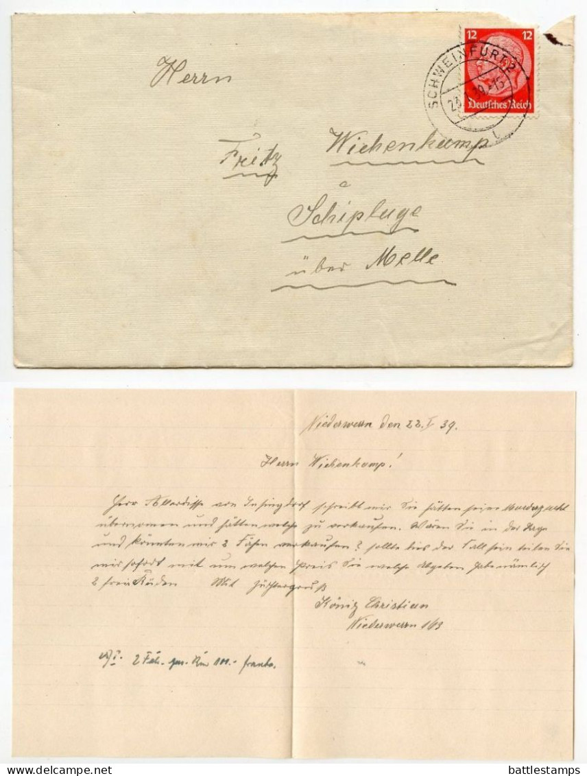 Germany 1939 Cover & Letter; Schweinfurt To Schiplage; 12pf. Hindenburg - Storia Postale