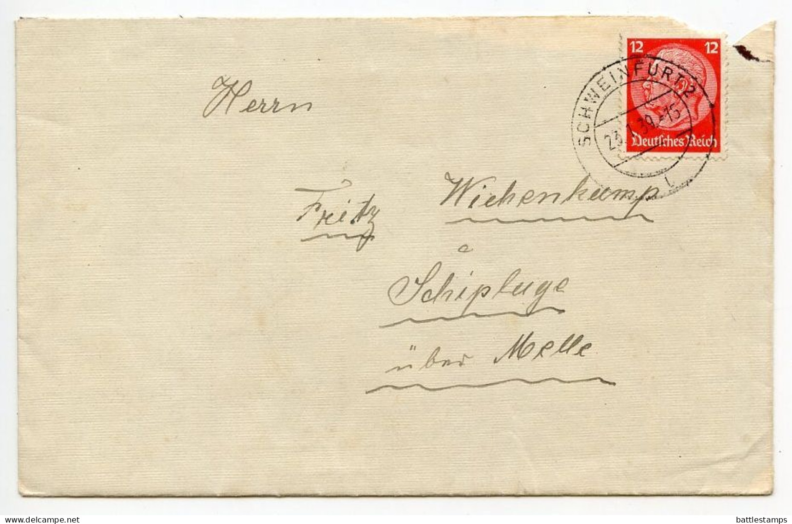 Germany 1939 Cover & Letter; Schweinfurt To Schiplage; 12pf. Hindenburg - Covers & Documents