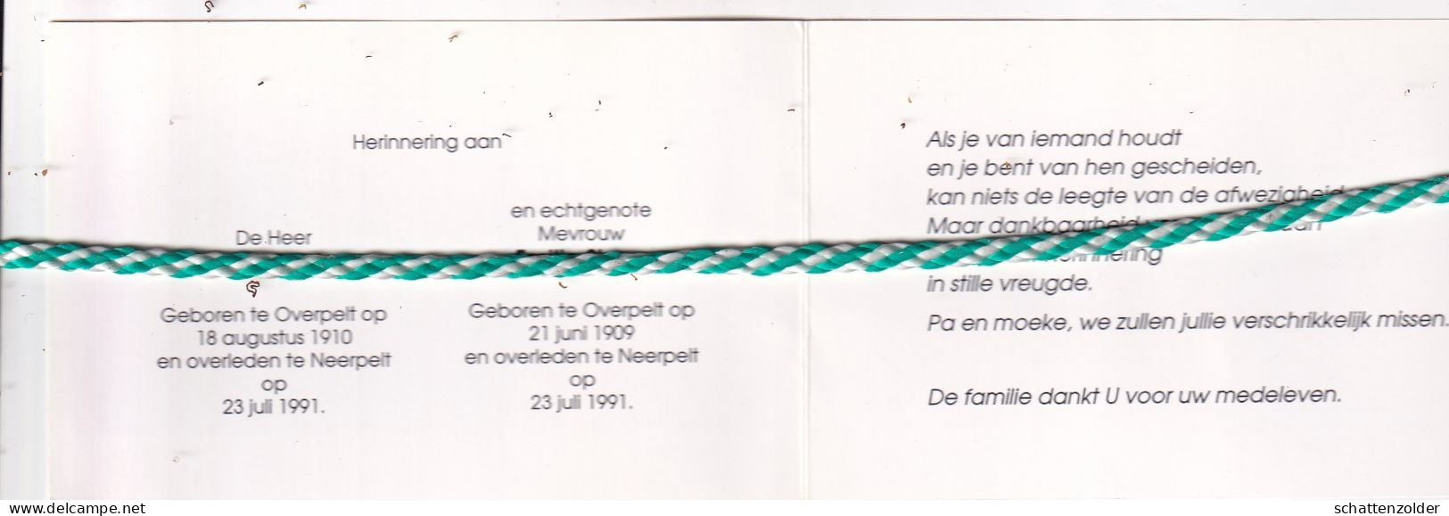 Antoon Deckers (Overpelt 1910) En Emilie Sleurs (Overpelt 1909), Neerpelt 1991. Foto - Todesanzeige