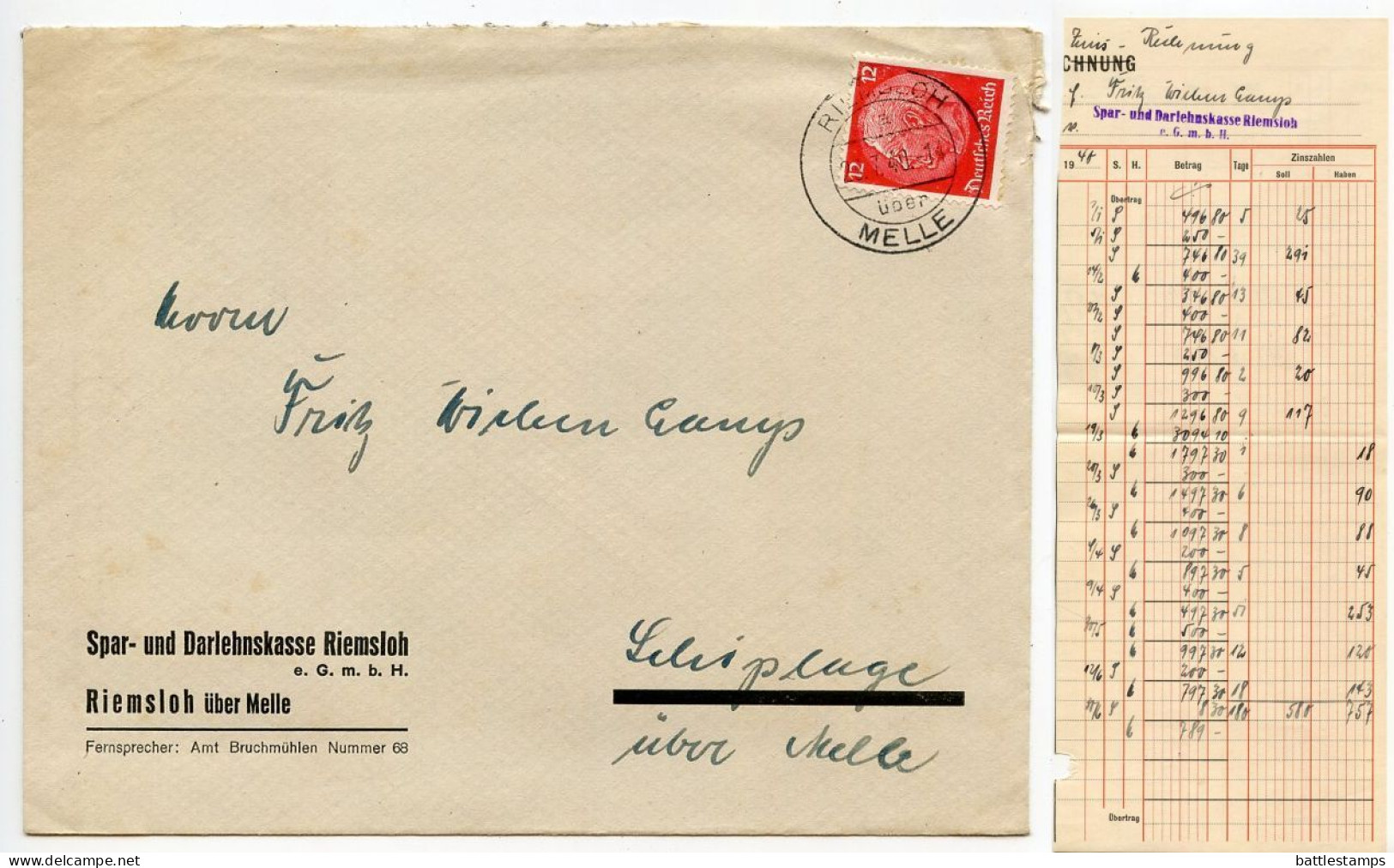 Germany 1940 Cover & Invoice; Riemsloh über Melle - Spar- Und Darlehnskasse Riemsloh To Schiplage; 12pf. Hindenburg - Covers & Documents