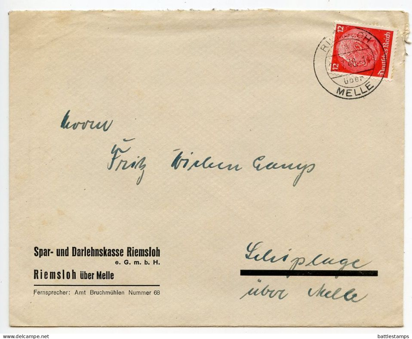 Germany 1940 Cover & Invoice; Riemsloh über Melle - Spar- Und Darlehnskasse Riemsloh To Schiplage; 12pf. Hindenburg - Lettres & Documents