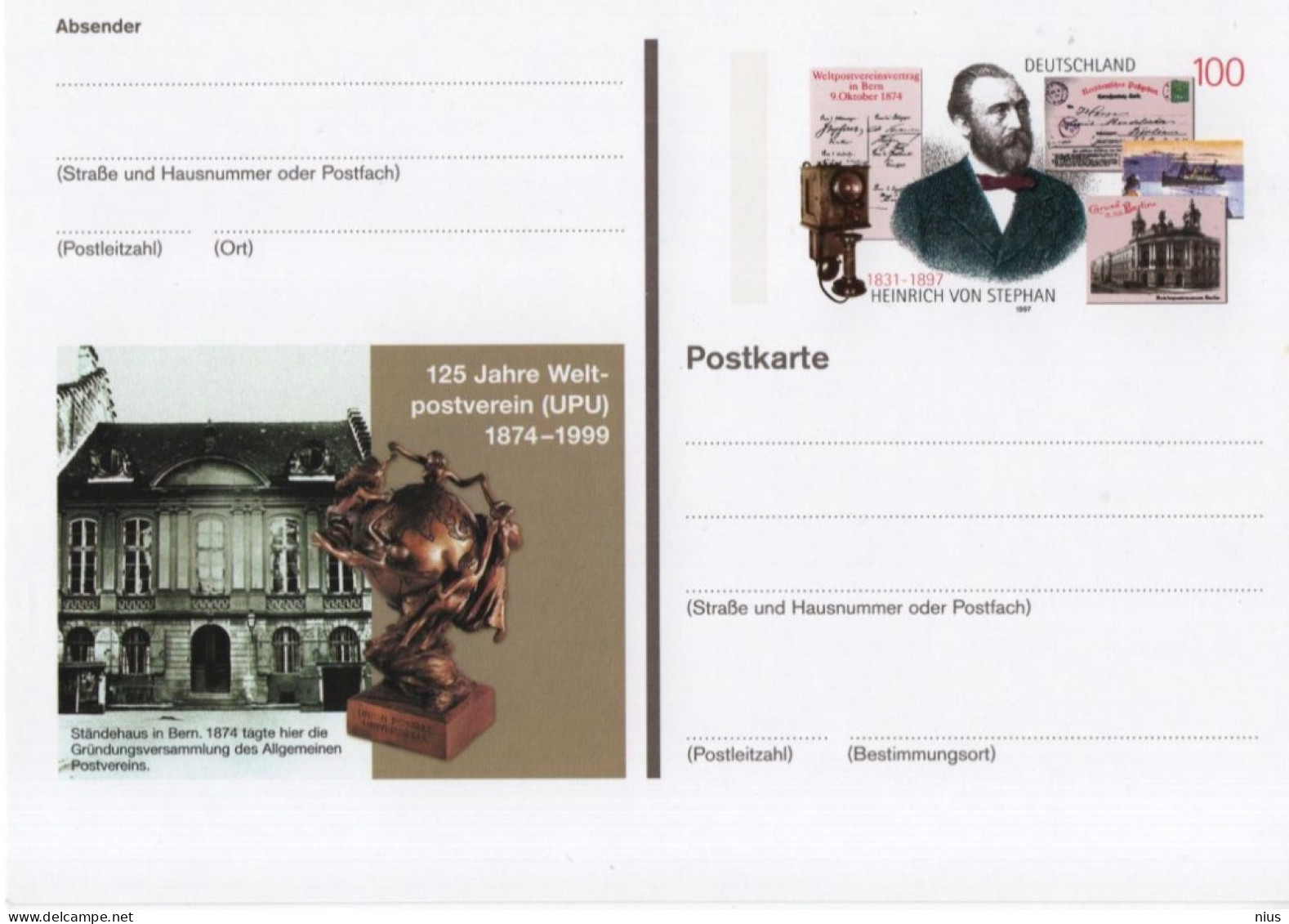 Germany Deutschland 1999 125 Jahre Weltpostverein UPU, Henrich Von Stephan, Bern, Telephone Phone - Cartes Postales - Neuves