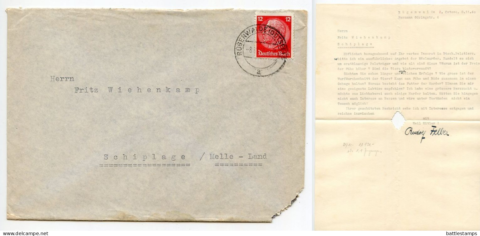 Germany 1940 Cover & Letter; Rügenwalde (Ostsee) To Schiplage; 12pf. Hindenburg - Covers & Documents