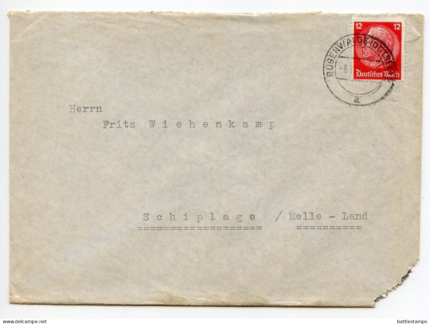 Germany 1940 Cover & Letter; Rügenwalde (Ostsee) To Schiplage; 12pf. Hindenburg - Briefe U. Dokumente