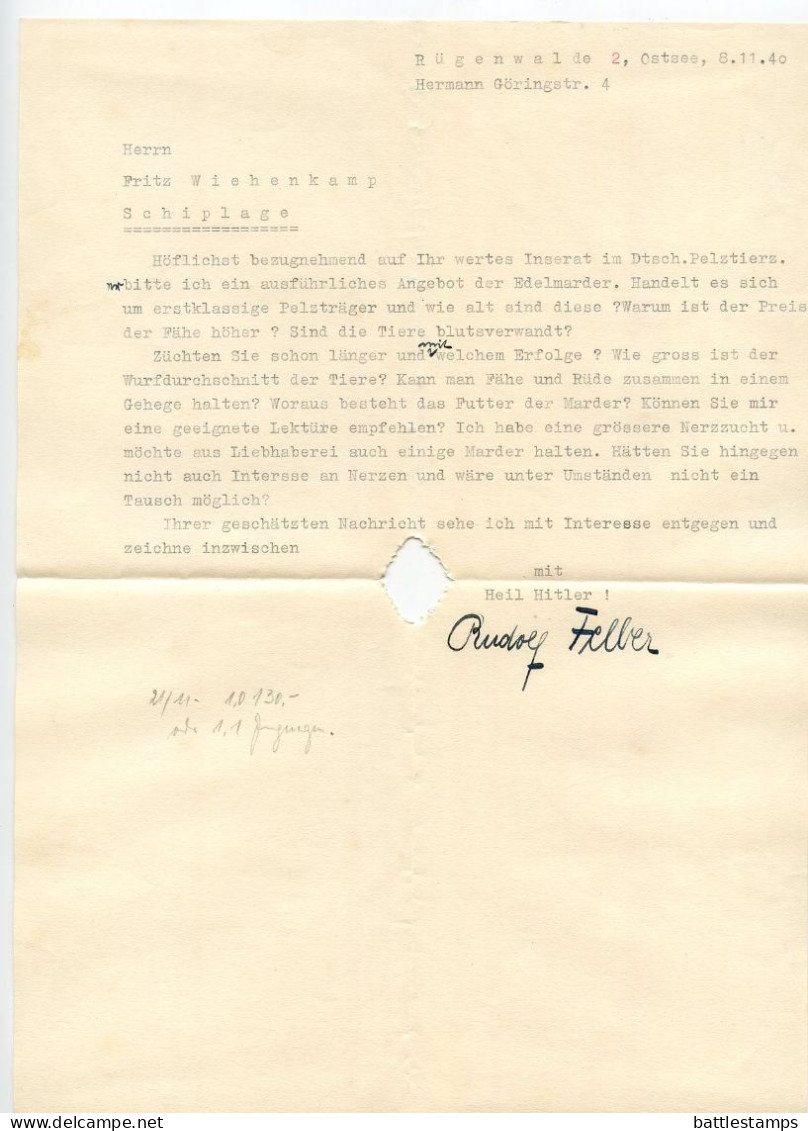 Germany 1940 Cover & Letter; Rügenwalde (Ostsee) To Schiplage; 12pf. Hindenburg - Briefe U. Dokumente