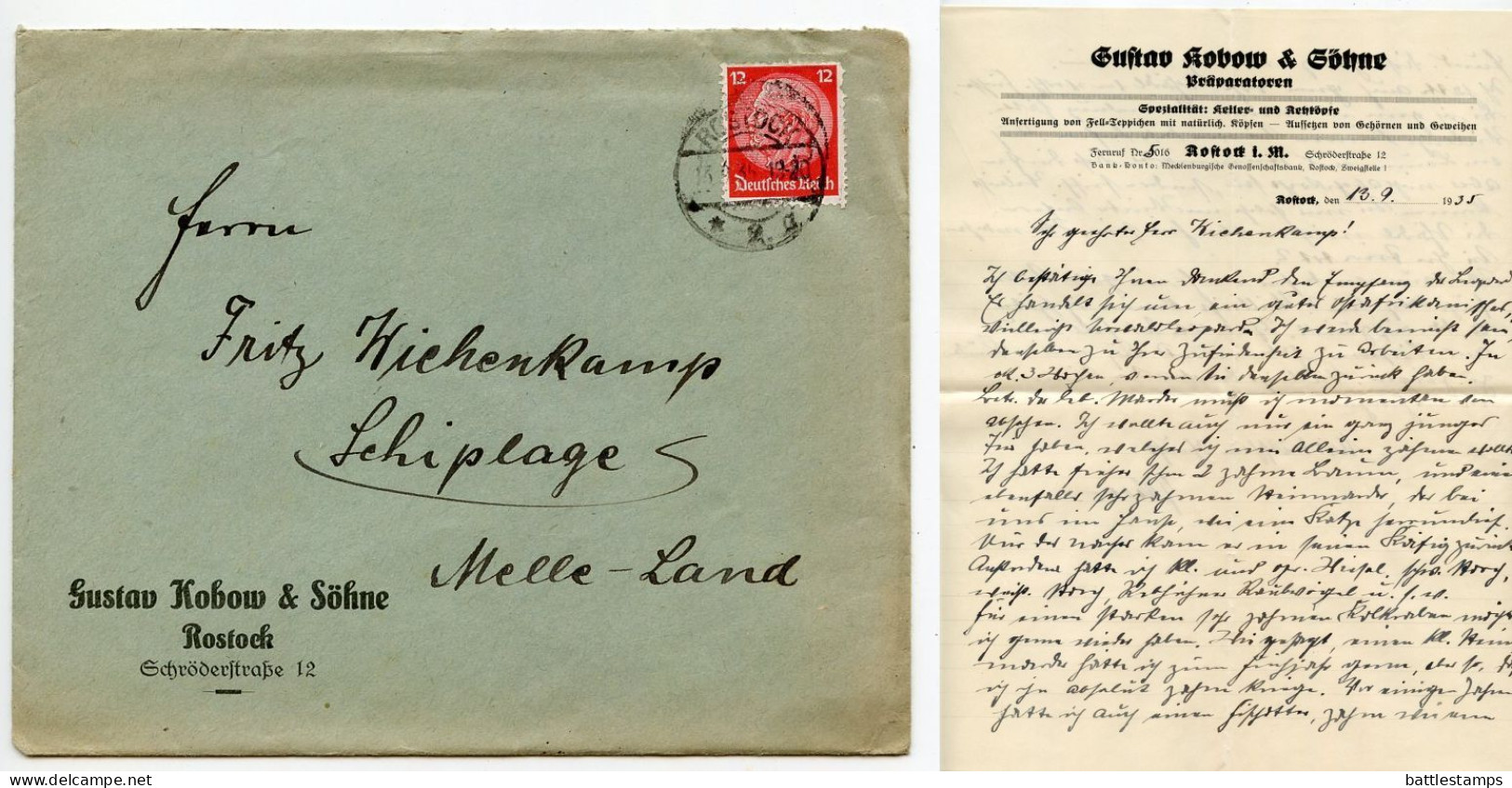 Germany 1935 Cover & Letter; Rostock - Gustav Kobow & Söhne, Präparatoren (Taxidermy) To Schiplage; 12pf. Hindenburg - Briefe U. Dokumente