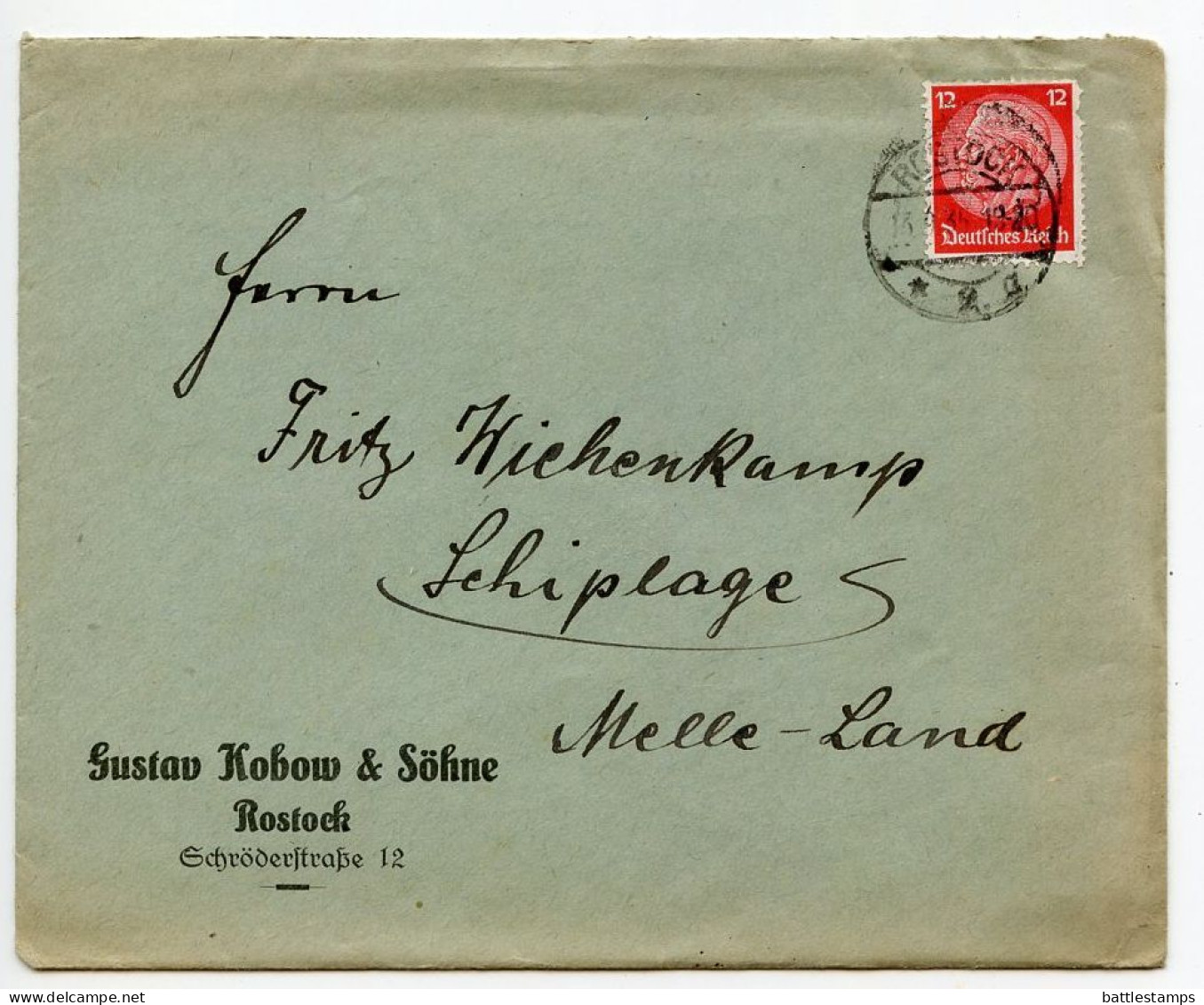 Germany 1935 Cover & Letter; Rostock - Gustav Kobow & Söhne, Präparatoren (Taxidermy) To Schiplage; 12pf. Hindenburg - Storia Postale