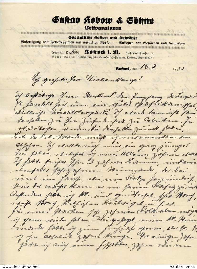 Germany 1935 Cover & Letter; Rostock - Gustav Kobow & Söhne, Präparatoren (Taxidermy) To Schiplage; 12pf. Hindenburg - Storia Postale