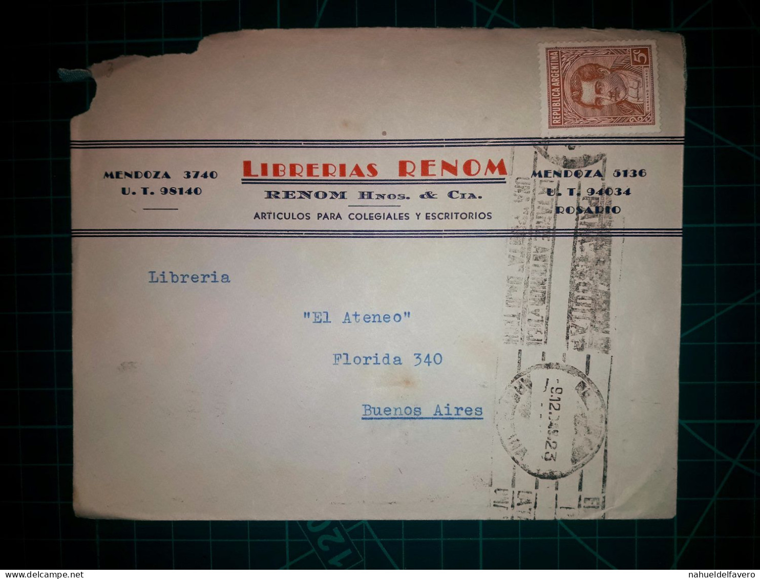 ARGENTINE, Enveloppe Appartenant à "Librerias Renom, Hnos. & Cia." Circulé Avec Une Banderole Parlante De "Y.P.F., Journ - Used Stamps