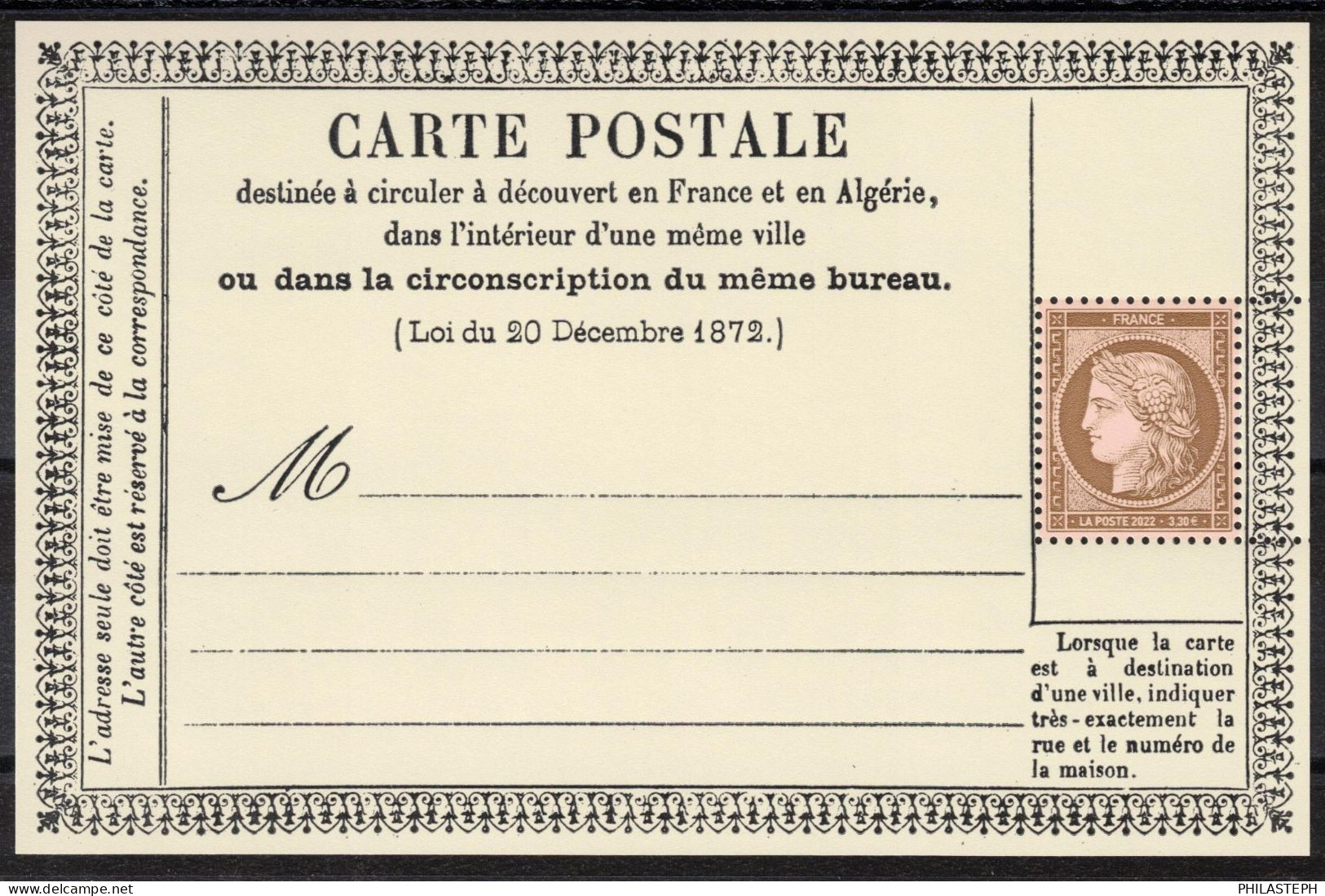 2022 - Cérès 3.30€ Mini Feuillet Gommé 150 Ans De La Carte Postale En France (carte Cérès Précurseur) YT F 5583 Neuf ** - Neufs