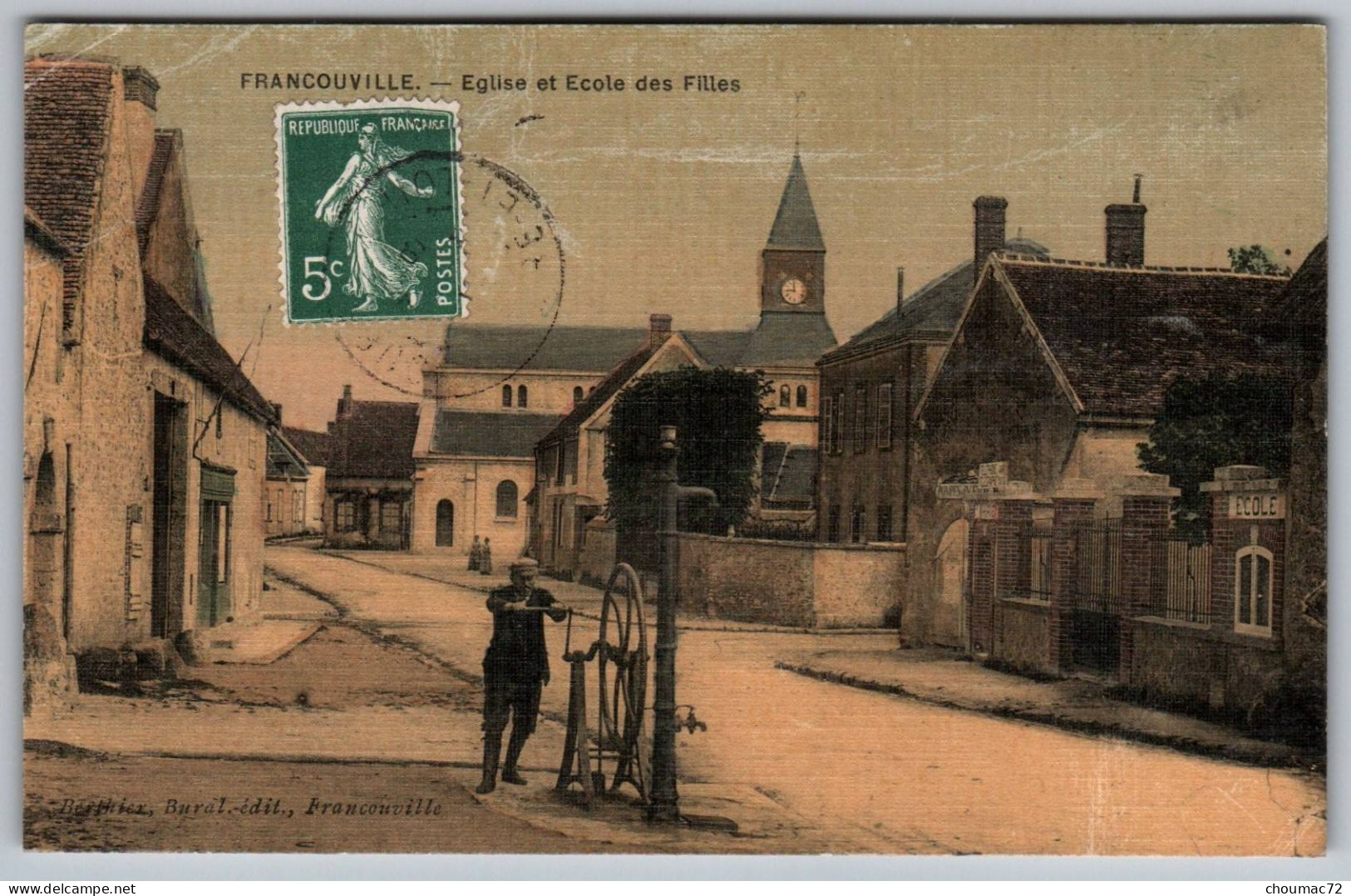 (28) 2061, Francouville, Bertier Bural-édit Colorisée Toilée, Eglise Et Ecole Des Filles, état - Autres & Non Classés