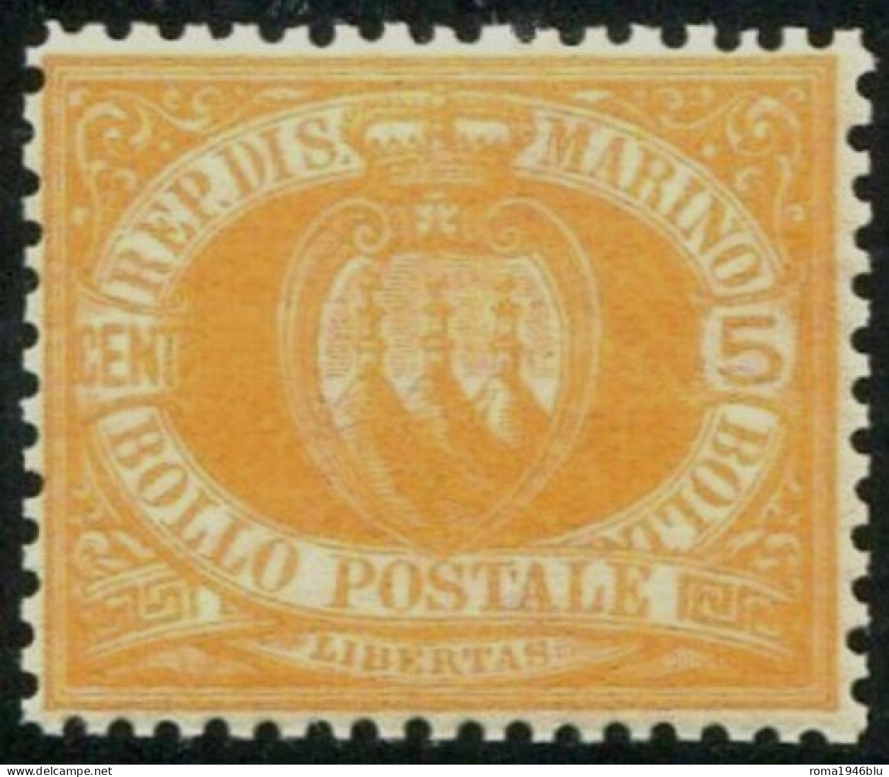 SAN MARINO 1877 STEMMA 5 C. BEN CENTRATO ** MNH LUSSO C. DIENA E FIR. RAYBAUDI - Gebraucht