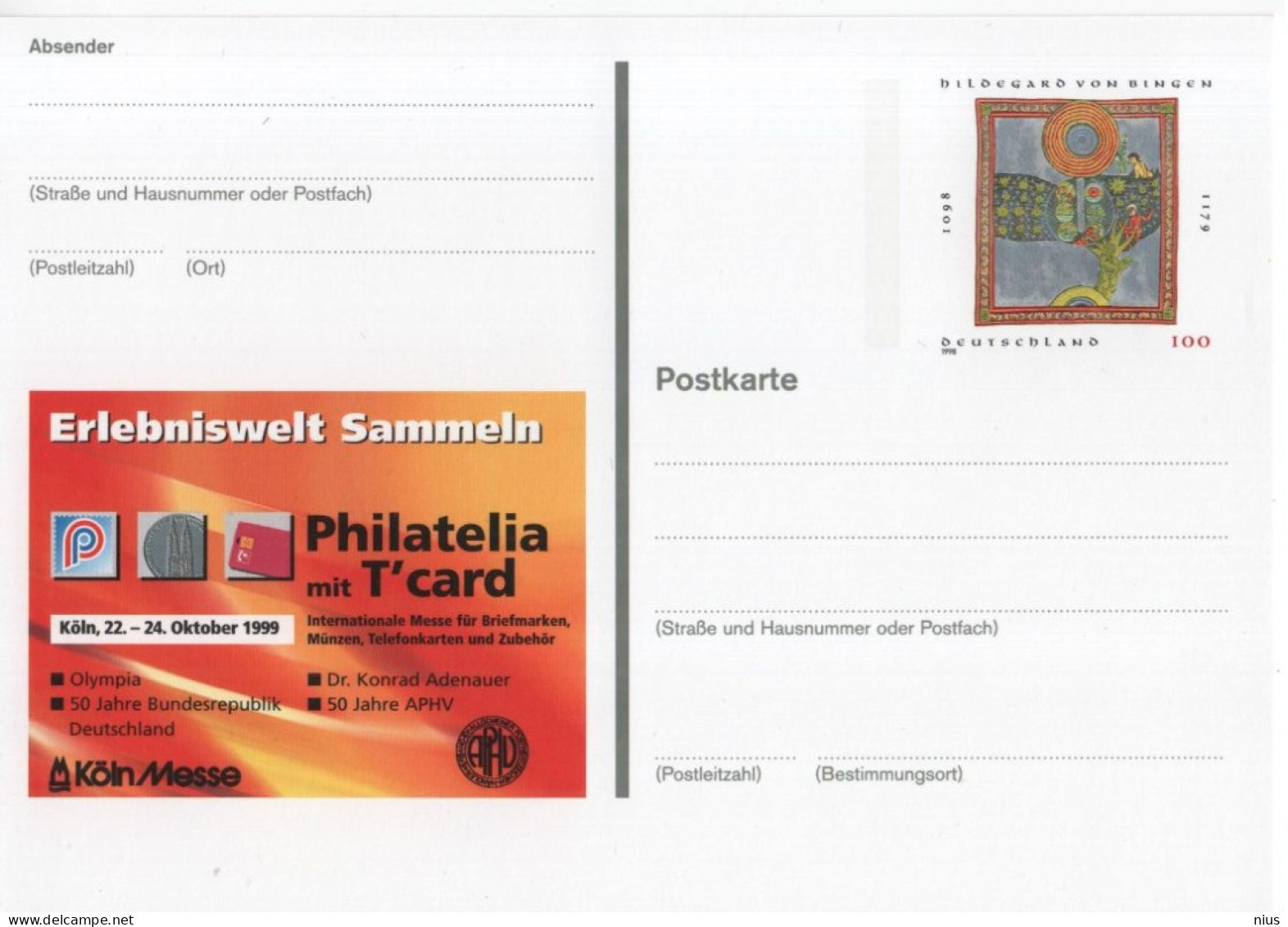 Germany Deutschland 1999 Koln Messe, Hildegard Von Bingen, Philatelia Mit T'card - Postkaarten - Ongebruikt