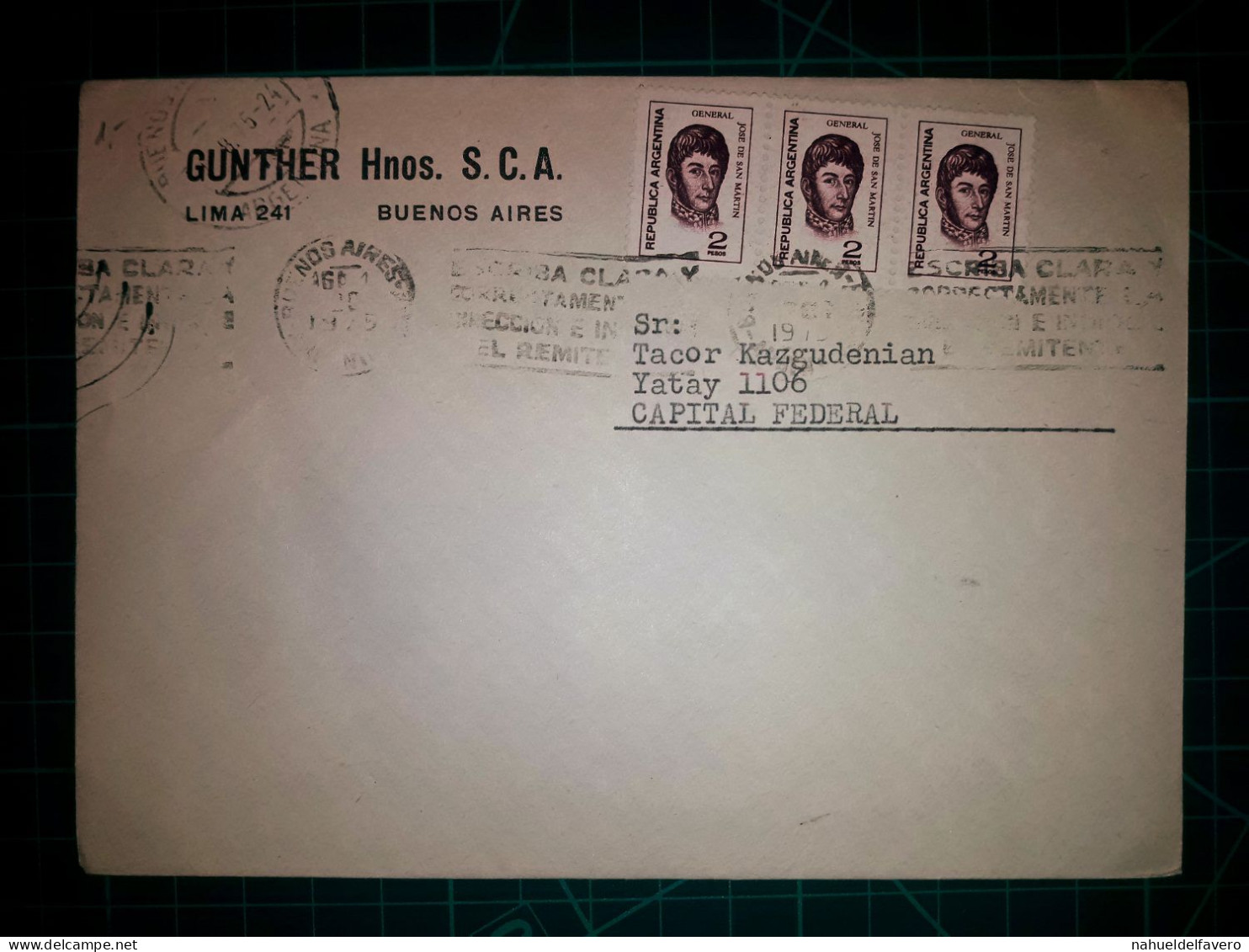 ARGENTINE, Enveloppe Appartenant à "Gunther Hnos. S.C.A." Circulez Avec Une Banderole Parlante "Ecrivez Clairement Et Co - Used Stamps