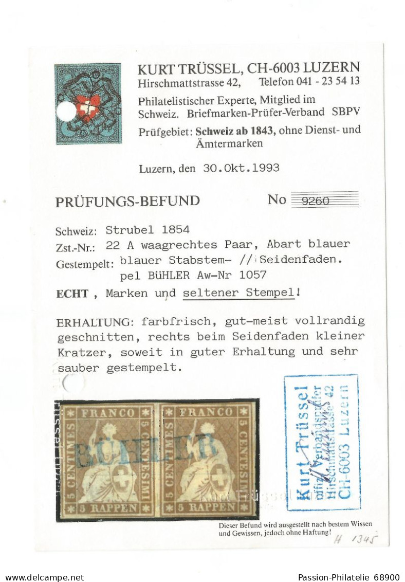 Helvetia Schweiz Strubel 1854 Paar 5 RAPPEN BUHLER Certificat Rare - Ungebraucht