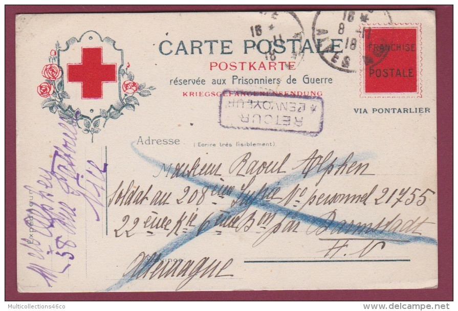 GUERRE 14/18 - 210617 -  Carte Postale Réservée Aux Prisonniers De Guerre VIA PONTARLIER 1918 - Brieven En Documenten