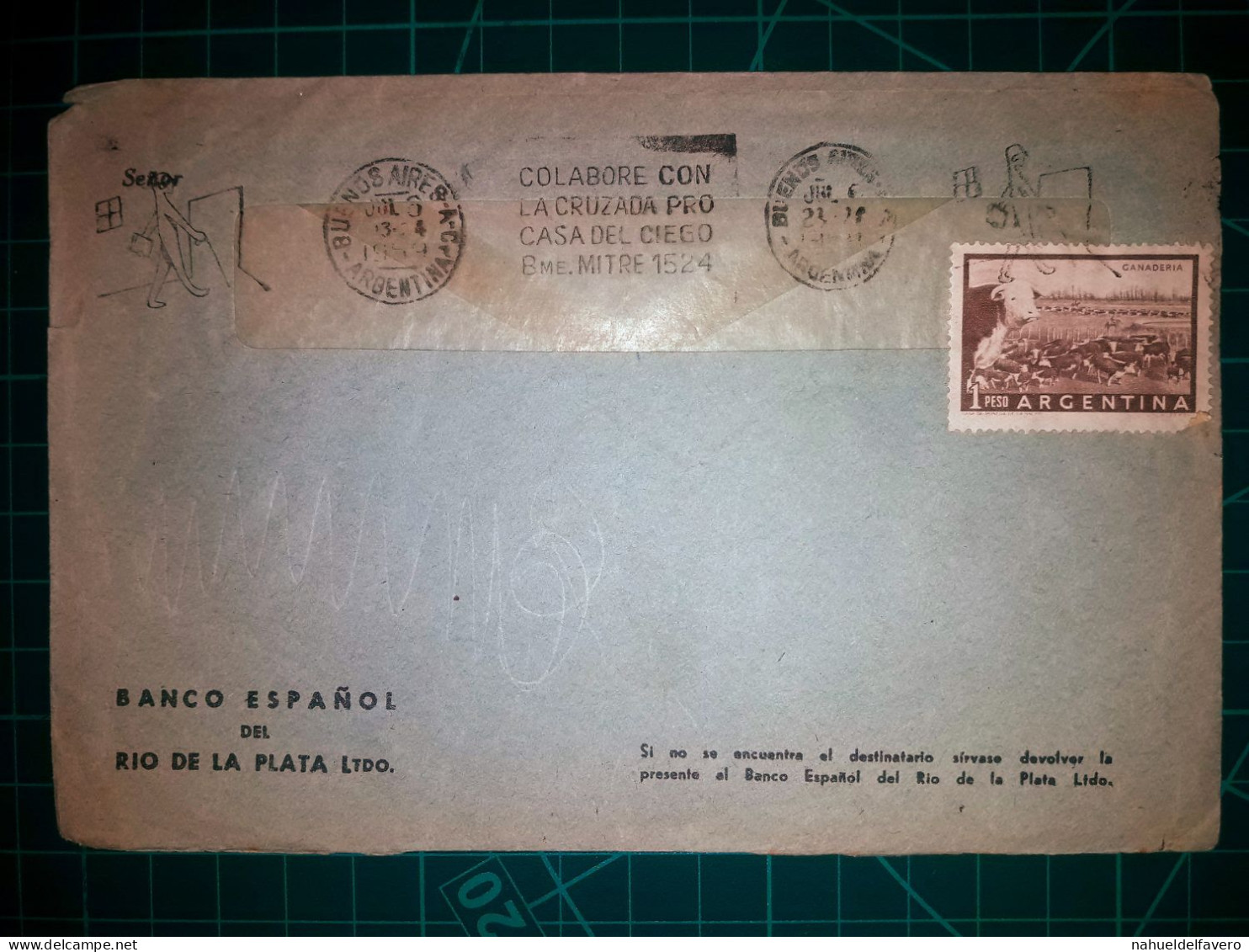 ARGENTINE, Enveloppe Appartenant à La "Banco Español Del Rio De La Plata" Circulant Avec Une Banderole Parlante De "Coll - Used Stamps