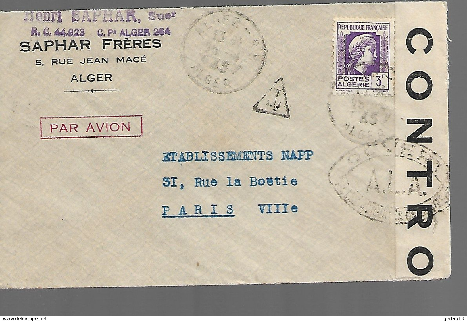 LETTRE PAR AVION     SAPHAR FRERES      ALGER  PARIS - Storia Postale