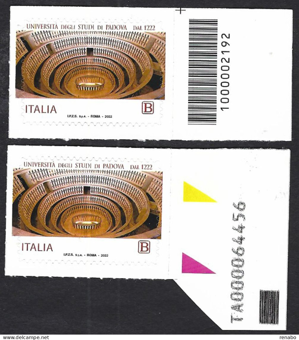 Italia 2022; 800° Università Di Padova, Teatro Anatomico: Francobollo A Barre + Con Alfanumerico. - Bar Codes