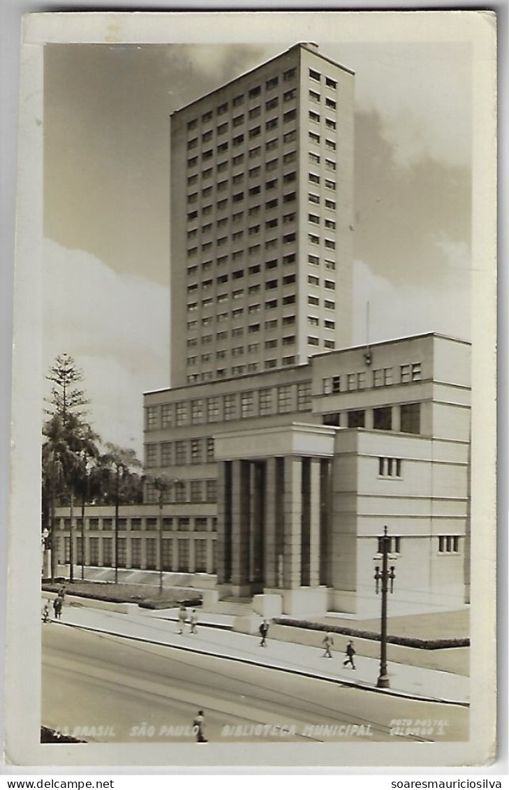 Brazil São Paulo 1947 Postcard Photo Municipal Library Building Editor Colombo Nº 43 Sent Santos To Buffalo USA 3 Stamp - São Paulo