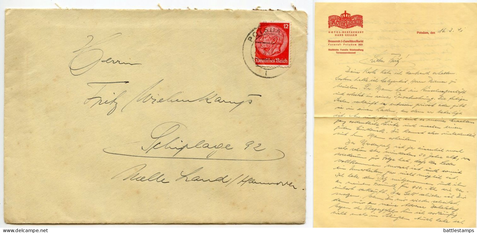 Germany 1941 Cover & Letter; Potsdam - Königstadt Hotel-Restaurant To Schiplage; 12pf. Hindenburg - Briefe U. Dokumente