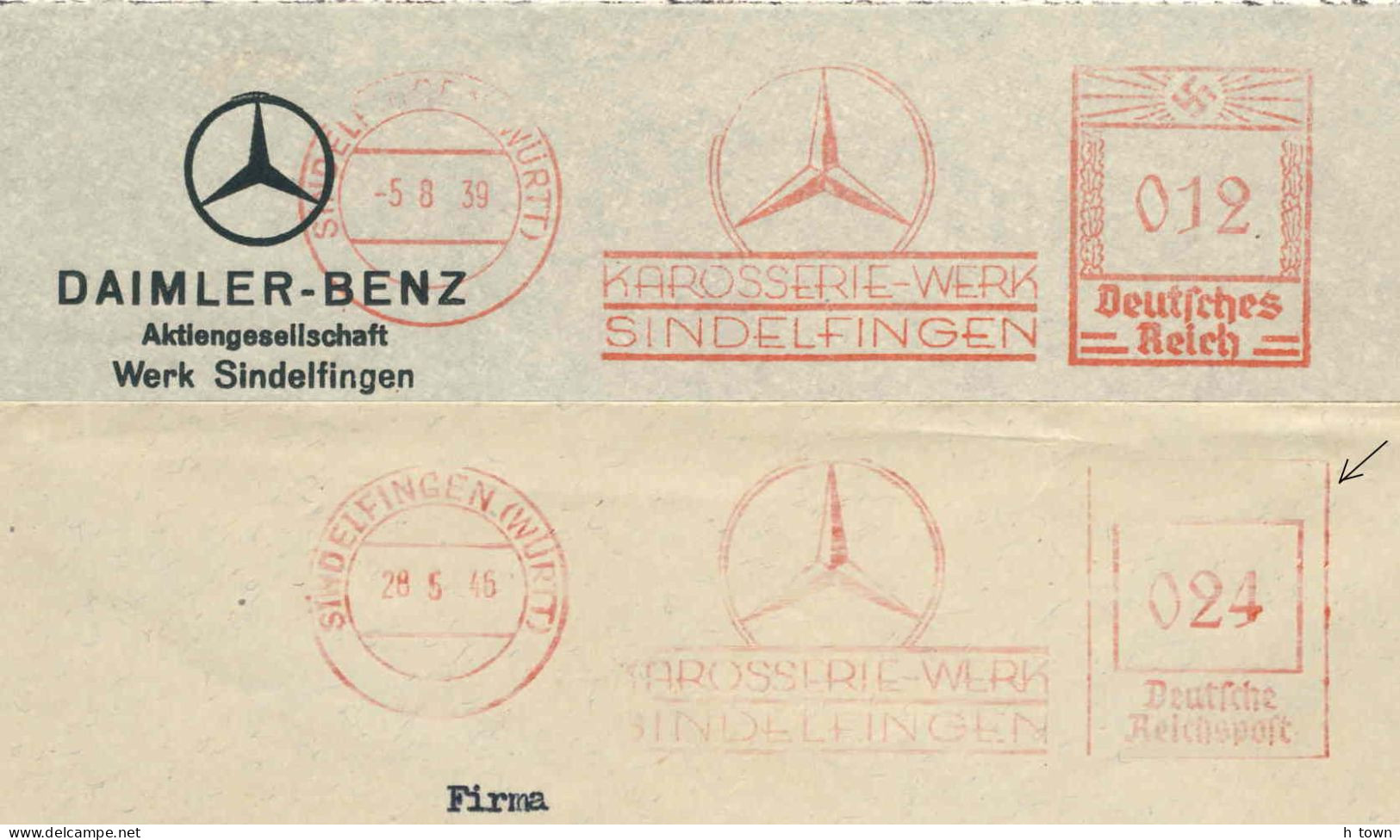 226  Daimler Benz: 2 Ema D'Allemagne, 1939/1946 Meter Stamps From Sindelfingen. Karosseriewerk AFS Aptiert. Mercedes - Cars