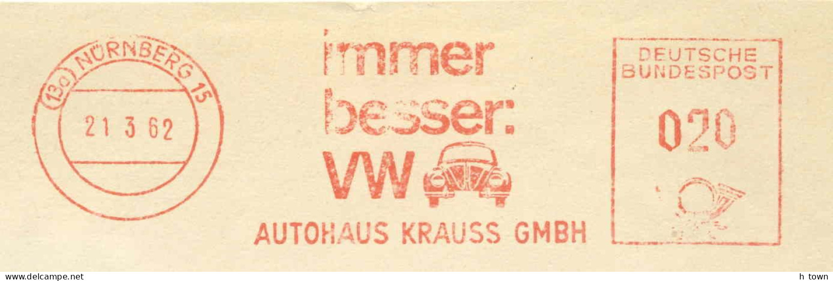 226  VW Coccinelle: Ema 1962 - Volkswagen Beetle On Meter Stamp From Nürnberg, Germany - Voitures