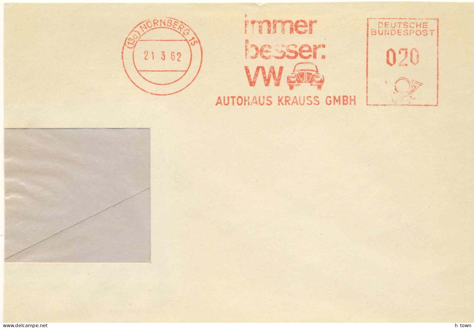 226  VW Coccinelle: Ema 1962 - Volkswagen Beetle On Meter Stamp From Nürnberg, Germany - Voitures