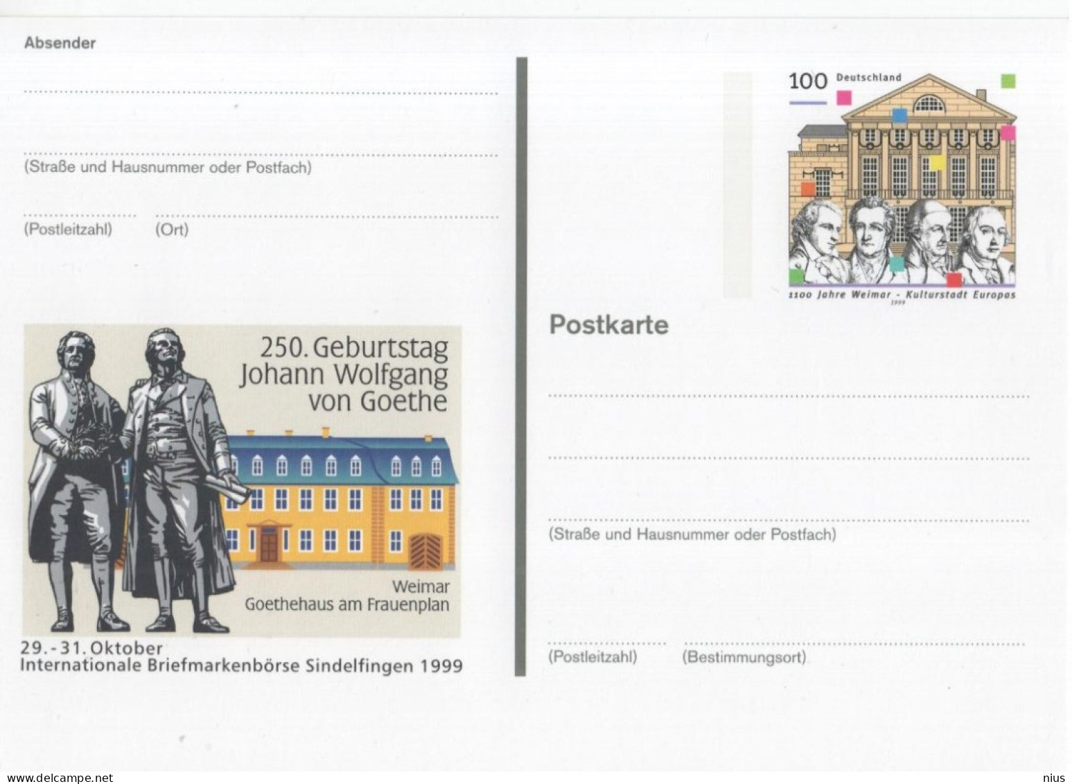 Germany Deutschland 1999 1100 Jahre Weimar, 250 Goethe, Polymath And Writer, Briemarkenborse Sindelfingen - Cartes Postales - Neuves