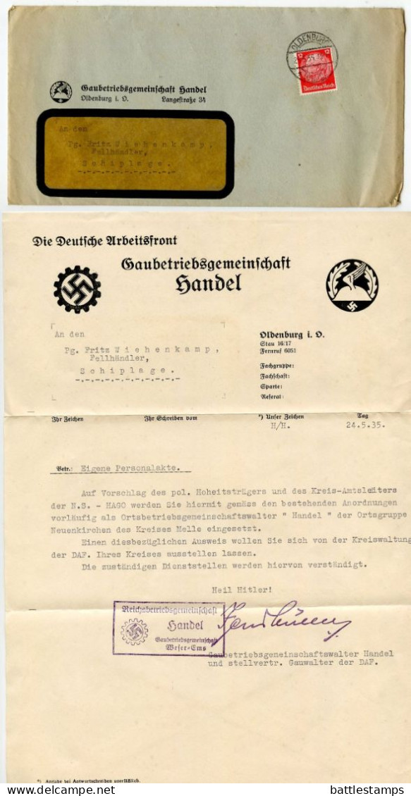 Germany 1935 Cover & Letter; Oldenburg - Gaubetriebsgemeinschaft Handel To Schiplage; 12pf. Hindenburg - Lettres & Documents