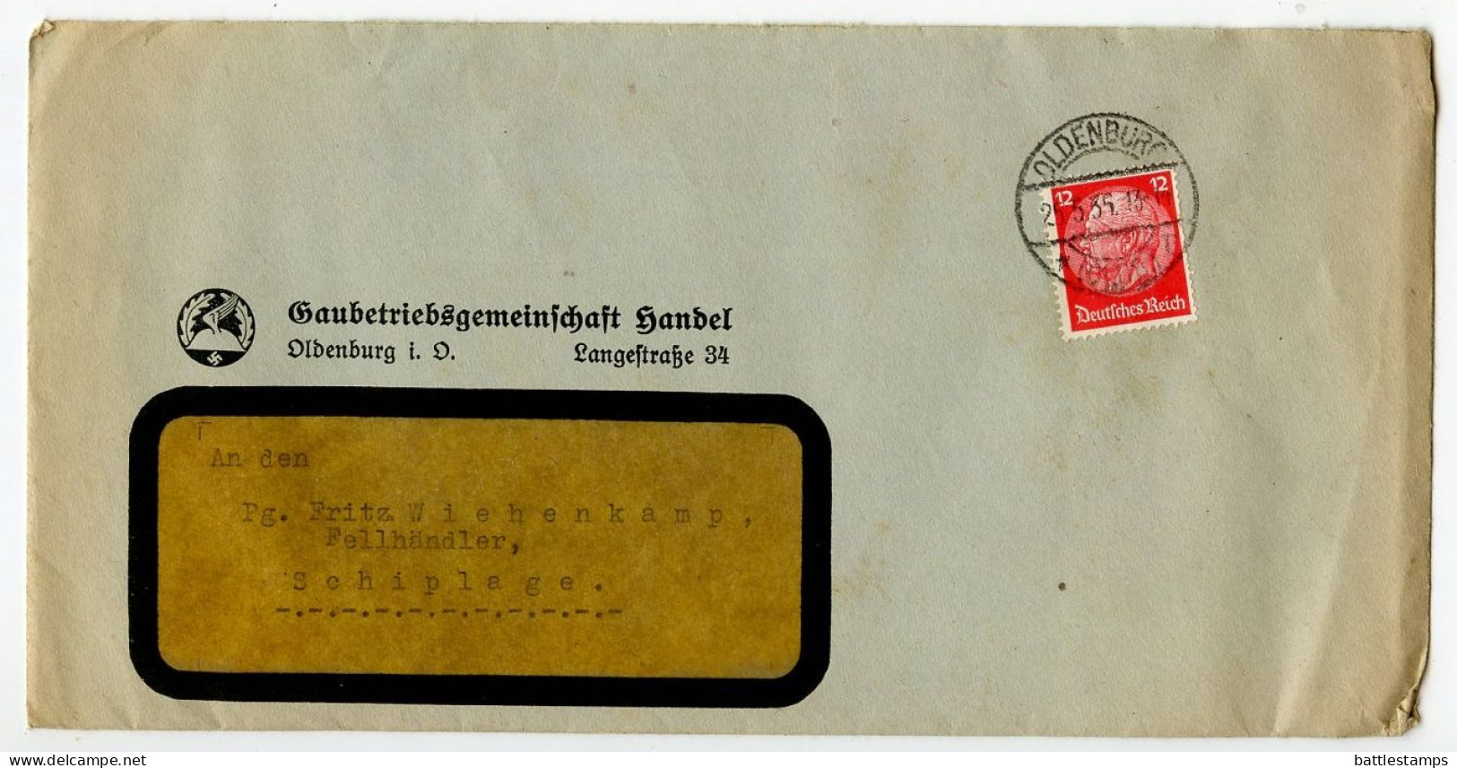 Germany 1935 Cover & Letter; Oldenburg - Gaubetriebsgemeinschaft Handel To Schiplage; 12pf. Hindenburg - Briefe U. Dokumente