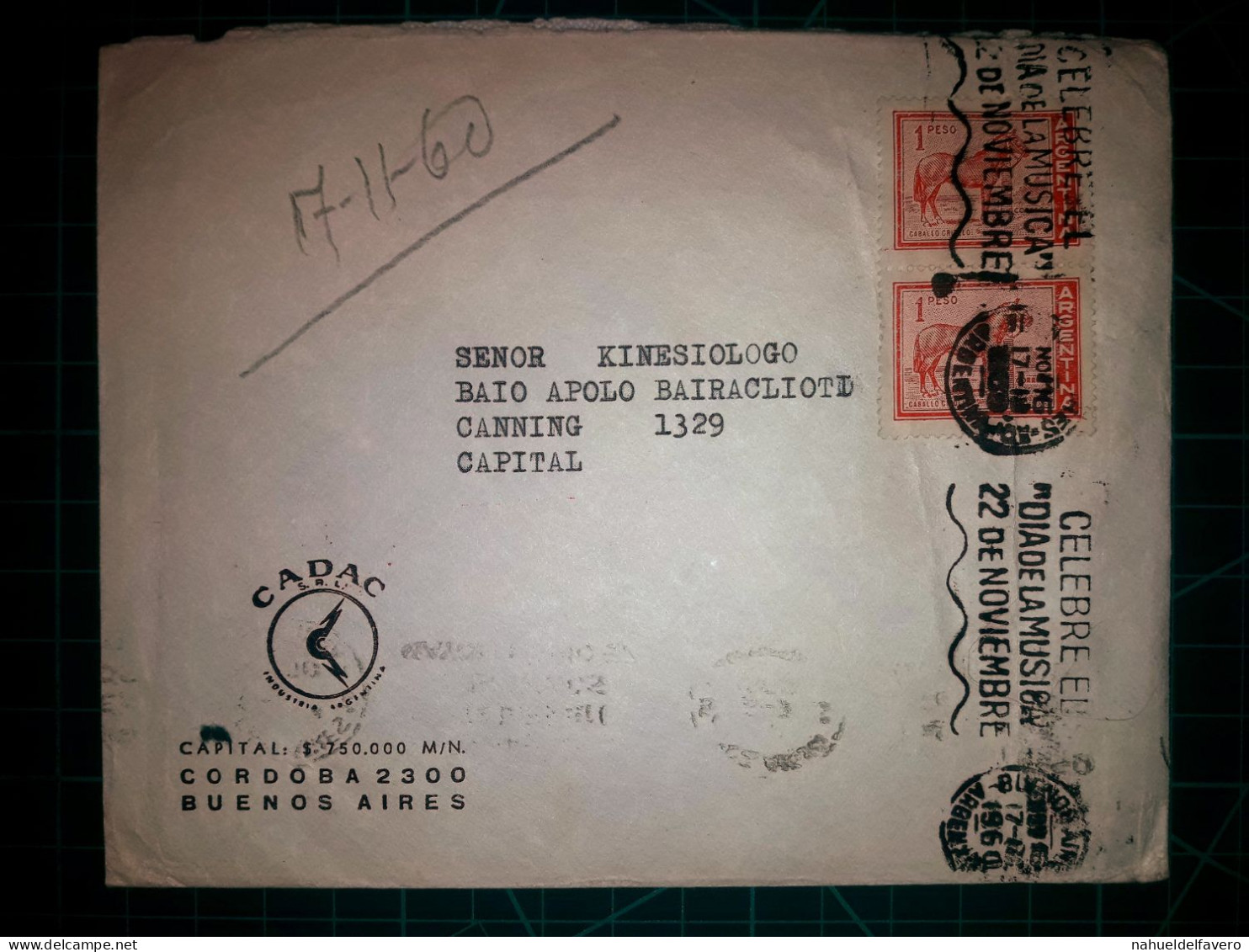 ARGENTINE, Enveloppe Appartenant à "CADAC S.R.L." Circulé Avec Une Banderole Parlante "Célébrez La Fête De La Musique, L - Used Stamps