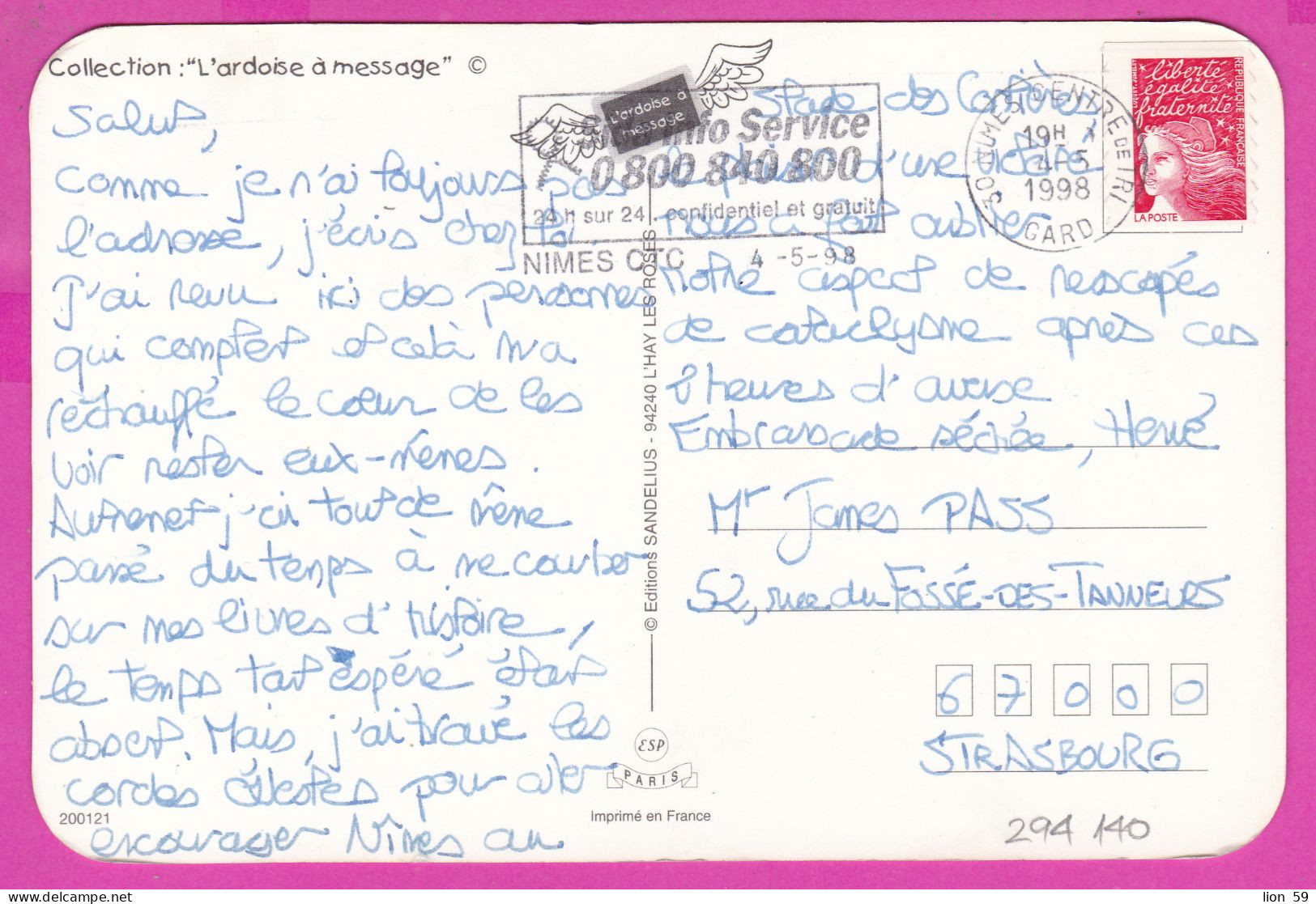 294140 / France Illustrator Collection "L'ardoise à Message" PC 1998 USED Marianne De Luquet Sans Valeur Faciale Autoadh - Lettres & Documents