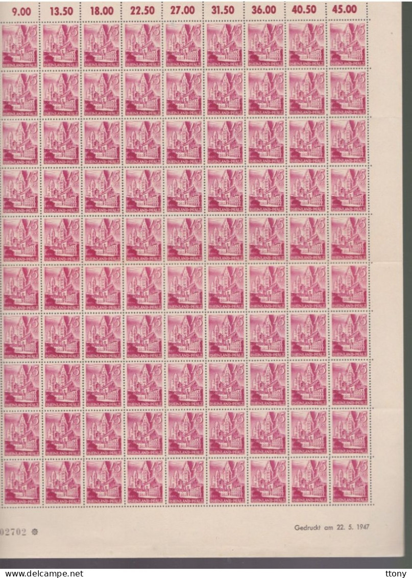 100   Timbres **  Rheinland Pfalz 45 Pf Coin Daté  1947 Feuille Entière Zone Française   Rhénanie-Palatinat - Rheinland-Pfalz