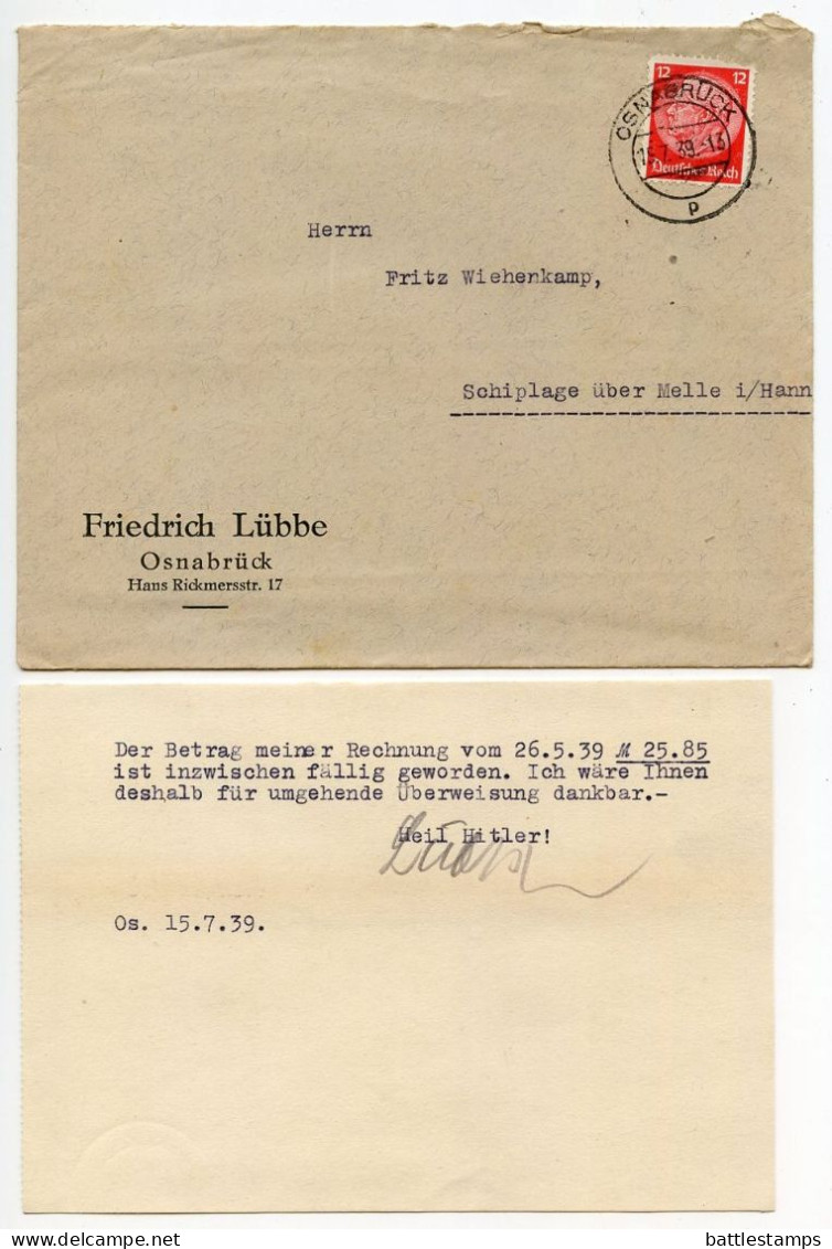 Germany 1939 Cover & Letter; Osnabrück - Friedrich Lübbe To Schiplage; 12pf. Hindenburg - Covers & Documents