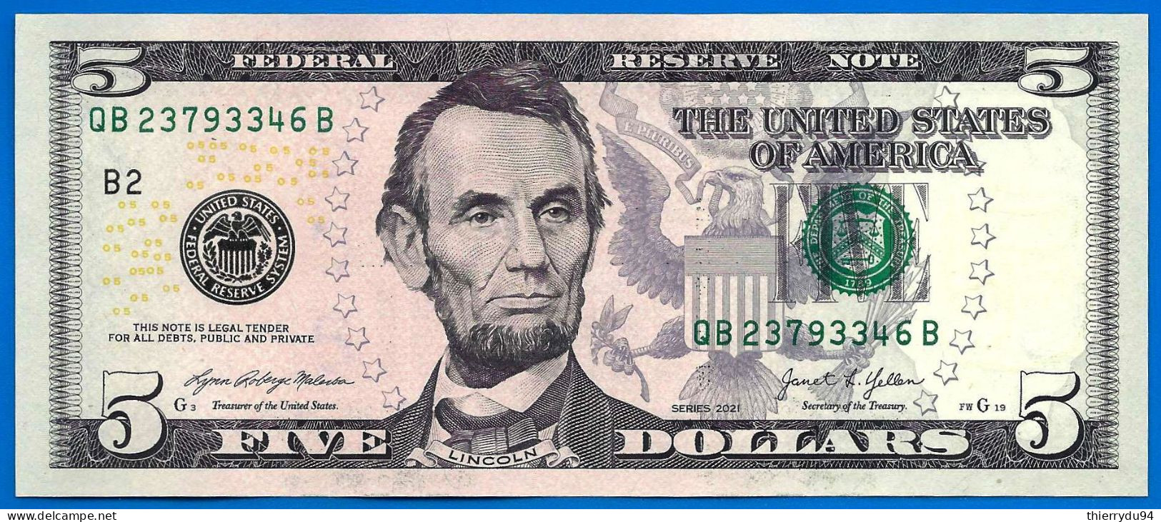 Usa 5 Dollars 2017 A Neuf UNC Mint New York B2 Suffixe B Billet Etats Unis United States Dollar US Paypal Crypto OK - Federal Reserve Notes (1928-...)