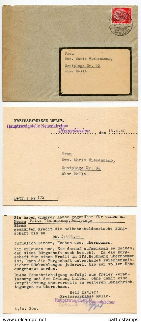 Germany 1940 Cover & Letter; Neuenkirchen (Kr. Melle) - Kreissparkasse Melle To Schiplage; 12pf. Hindenburg - Briefe U. Dokumente