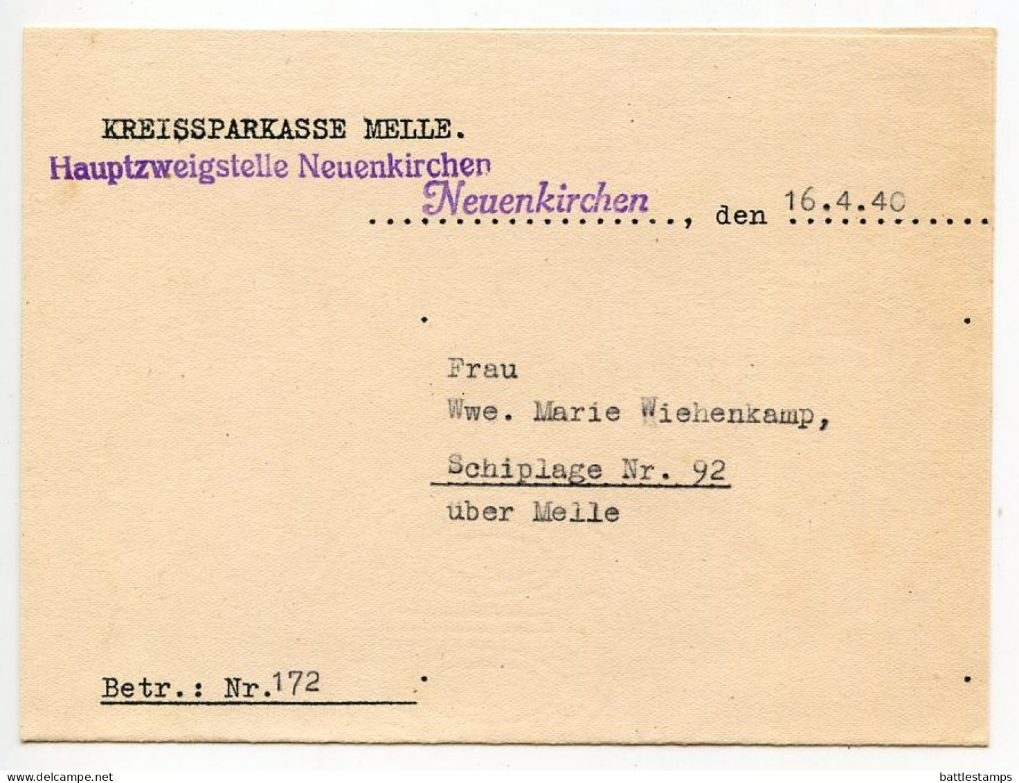 Germany 1940 Cover & Letter; Neuenkirchen (Kr. Melle) - Kreissparkasse Melle To Schiplage; 12pf. Hindenburg - Lettres & Documents