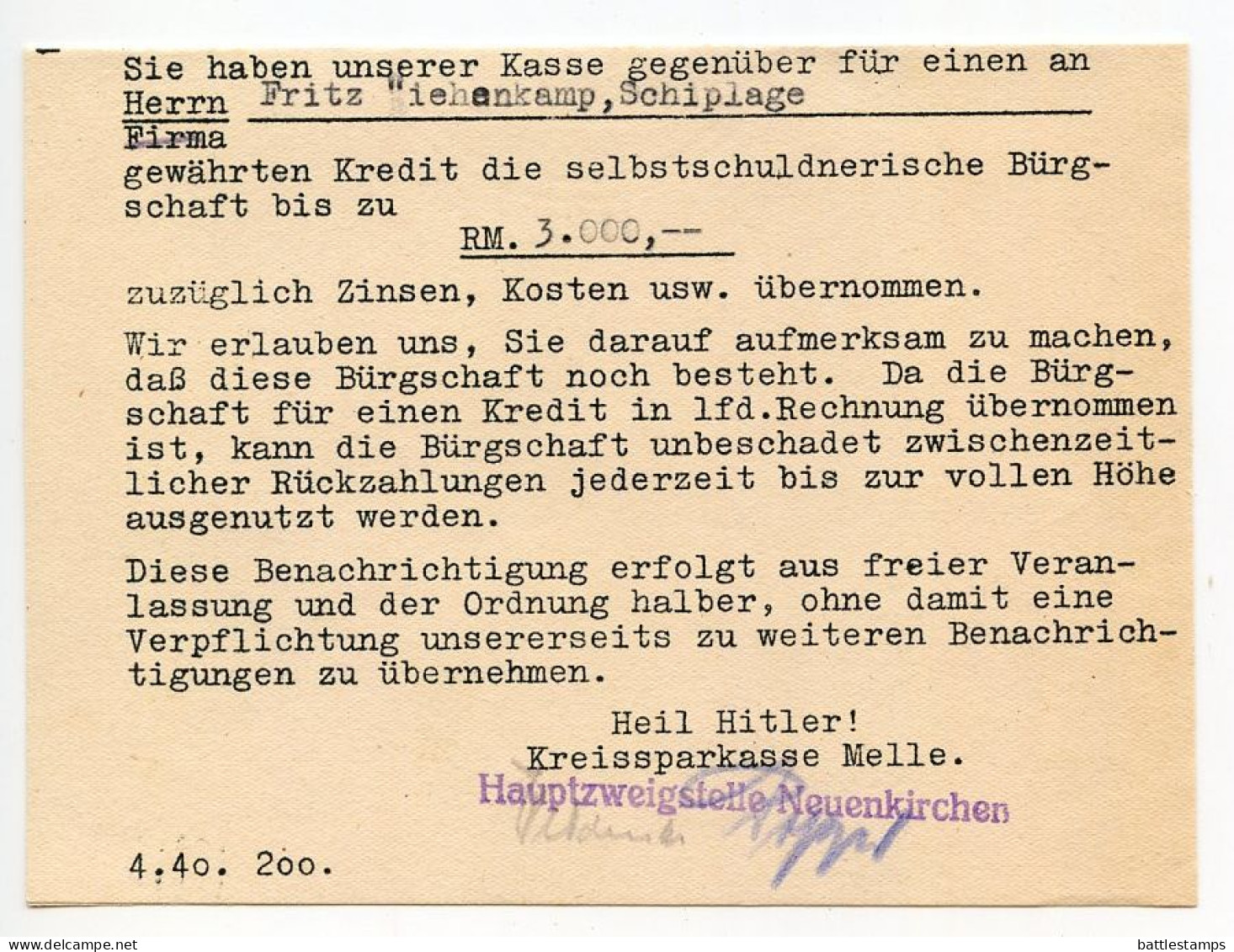 Germany 1940 Cover & Letter; Neuenkirchen (Kr. Melle) - Kreissparkasse Melle To Schiplage; 12pf. Hindenburg - Briefe U. Dokumente