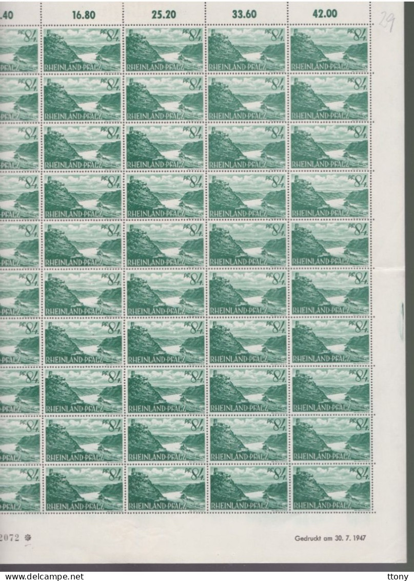 50   Timbres **  Rheinland Pfalz 84   Pf Coin Daté  1947 Feuille Entière Zone Française   Rhénanie-Palatinat - Rhénanie-Palatinat