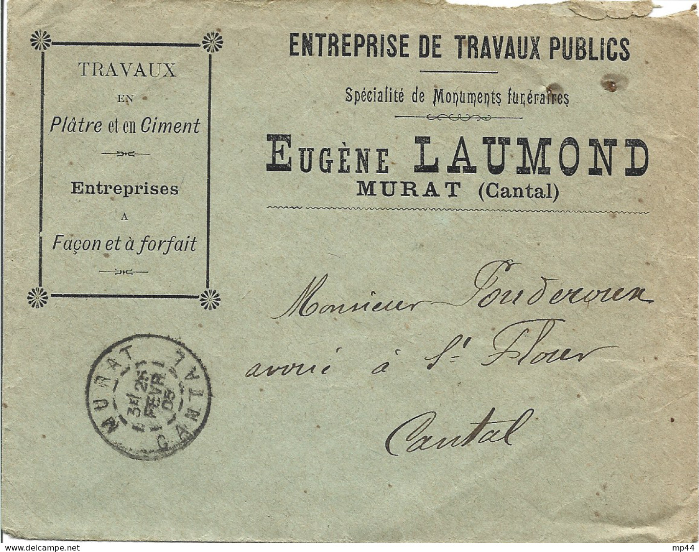 50 --- Lettre 15 MURAT Entreprise De Travaux Publics - Monuments Funéraires Eugène Laumond - 1900 – 1949