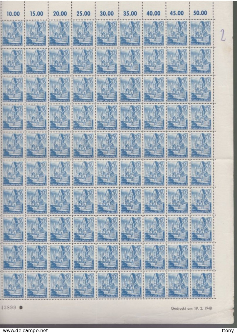 100   Timbres **  Rheinland Pfalz  50  Pf Bleu  Coin Daté  1948 Feuille Entière Zone Française   Rhénanie-Palatinat - Rhine-Palatinate