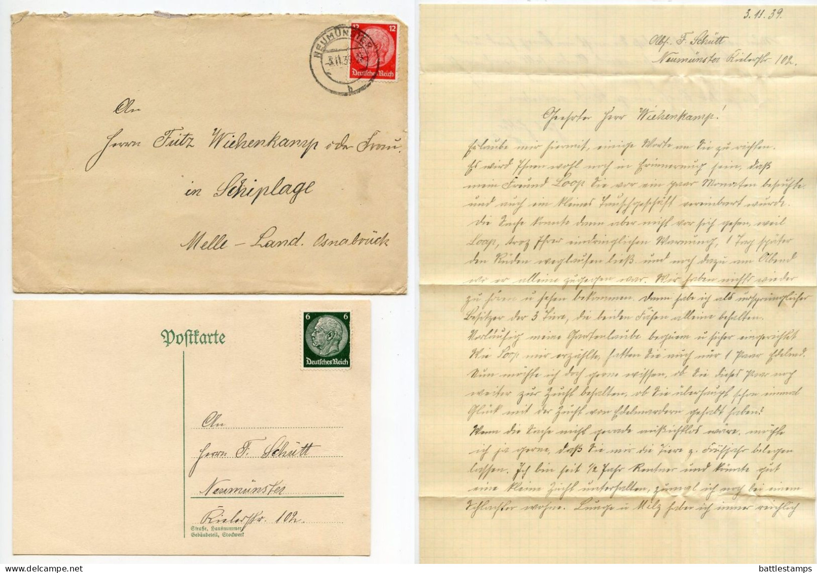 Germany 1939 Cover W/ Letter & Stamped Postcard; Neumünster To Schiplage; 12pf. Hindenburg - Lettres & Documents