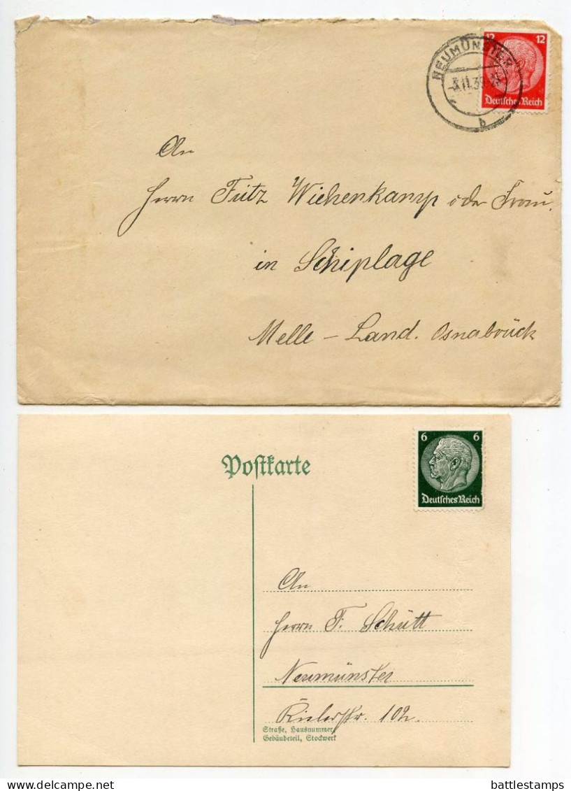 Germany 1939 Cover W/ Letter & Stamped Postcard; Neumünster To Schiplage; 12pf. Hindenburg - Lettres & Documents