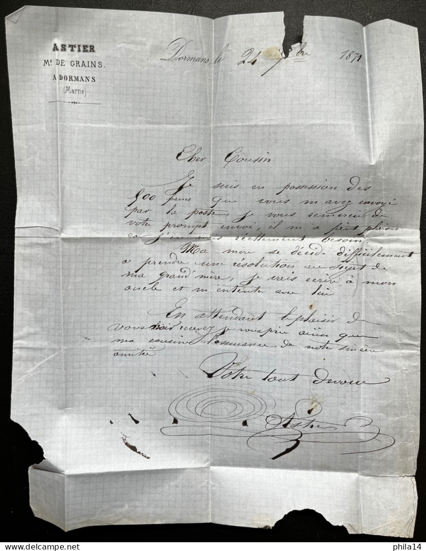 N°25 1c VERT BRONZE & N°27 4c GRIS & N°37 20c CERES SUR LETTRE / DORMANS MARNE POUR CROUY SUR OURCQ / 24 SEPT 1871 / LAC - 1849-1876: Période Classique