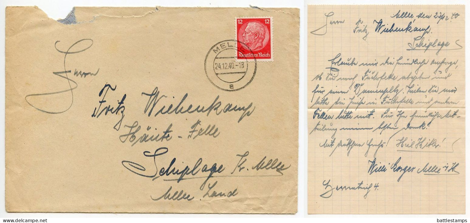 Germany 1940 Cover & Letter; Melle To Schiplage; 12pf. Hindenburg - Briefe U. Dokumente