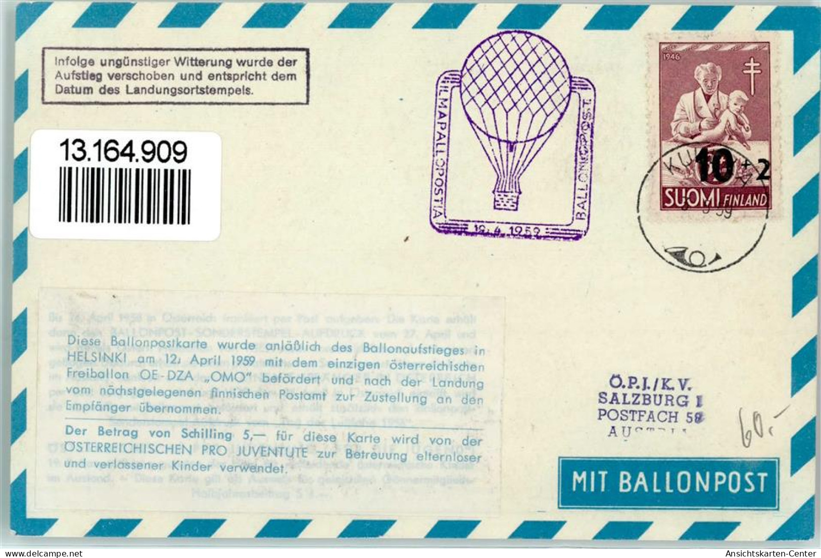 13164909 - Bild: Jacob Degen Ueber Wien 1810 - Diese Ballonpostkarte Wurde In Helsinki Am 12. April 1959 Mit Dem Freiba - Fesselballons